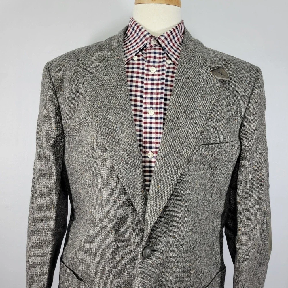 Stafford‎ Men's Tweed Sport Coat Blazer Two Button Gray Wool Elbow Patches 44L